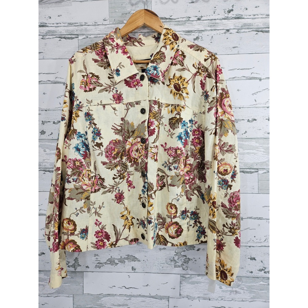 Saint Tropez West Woman Floral Linen Jacket Cream Pink Blue 3X 100% Linen